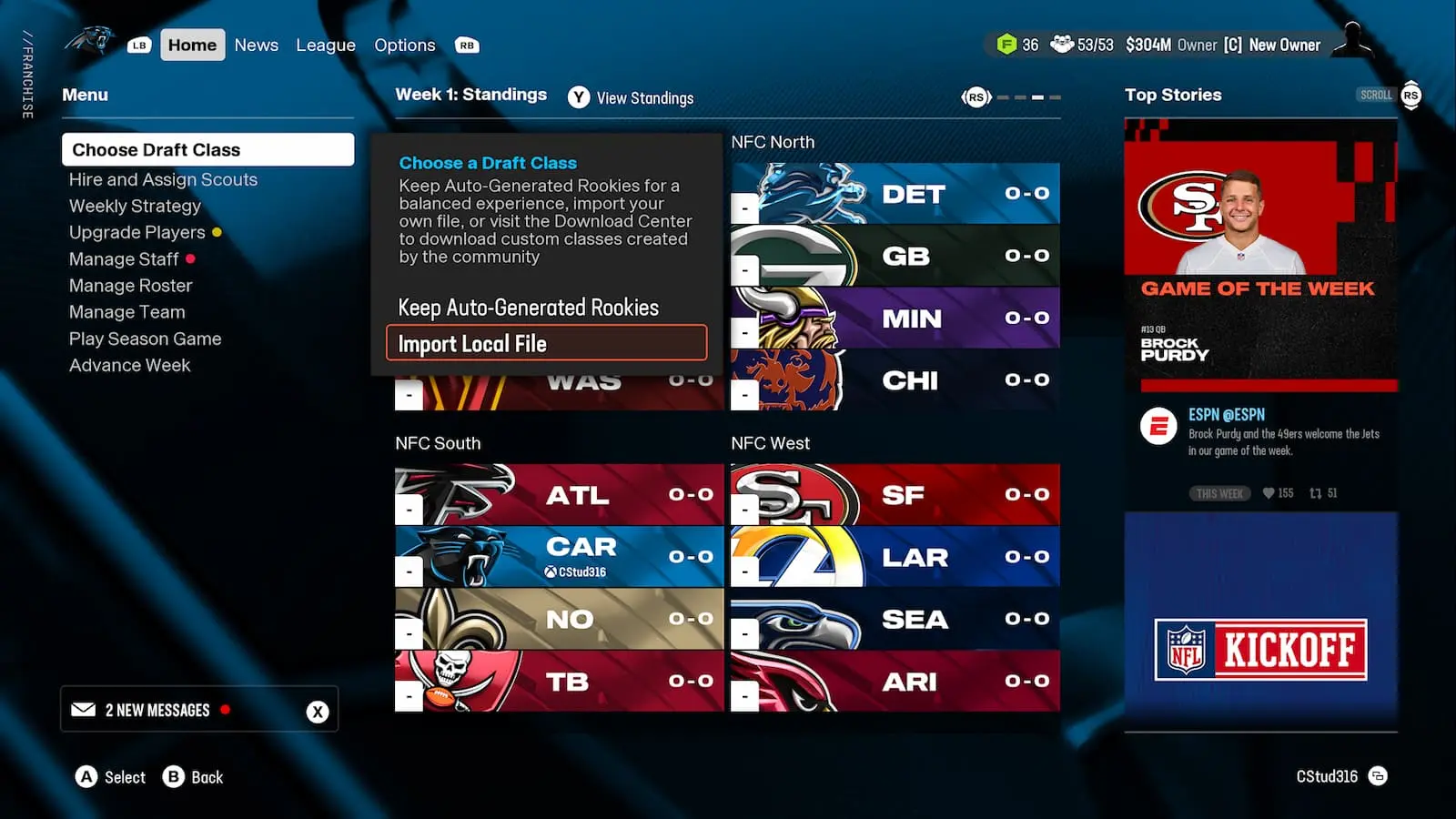 The important draft class menu in Madden 25.