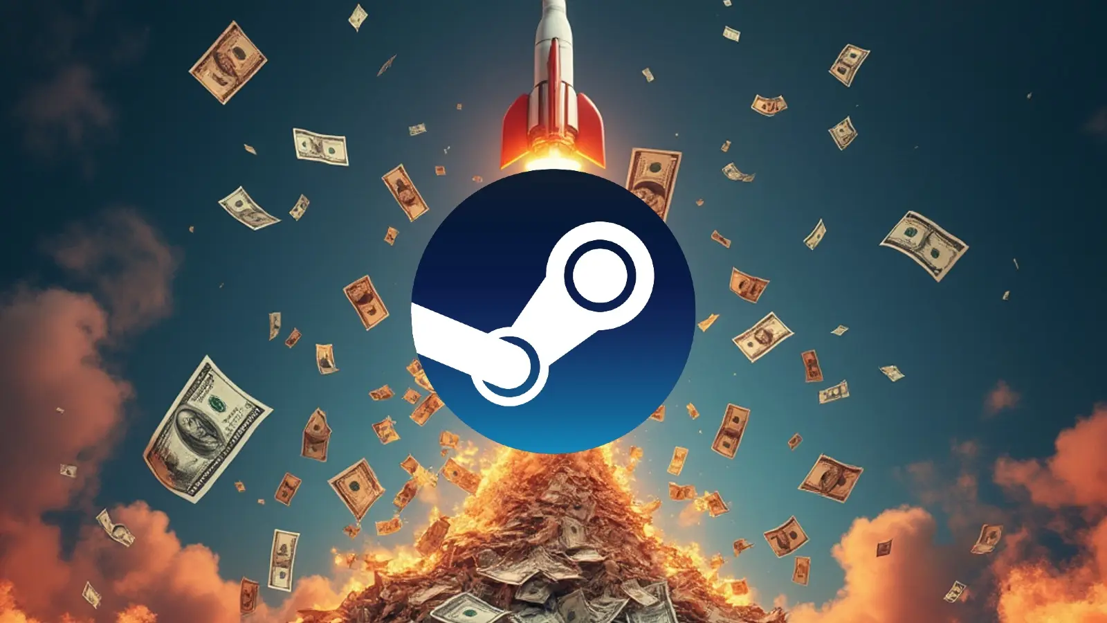 Steam logo with a rocket behind it