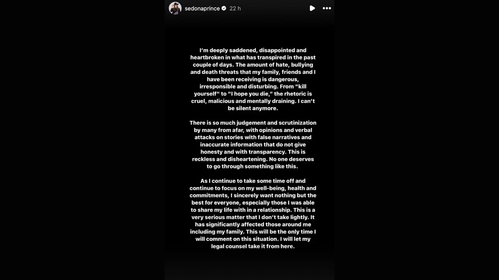 Sedona Prince response on Instagram