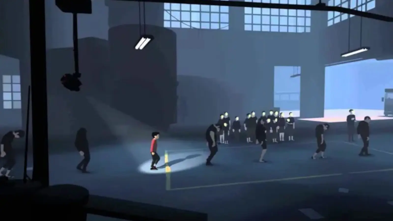 A screenshot from Inside showing a young boy in a red shirt standing in a warehouse with other figures