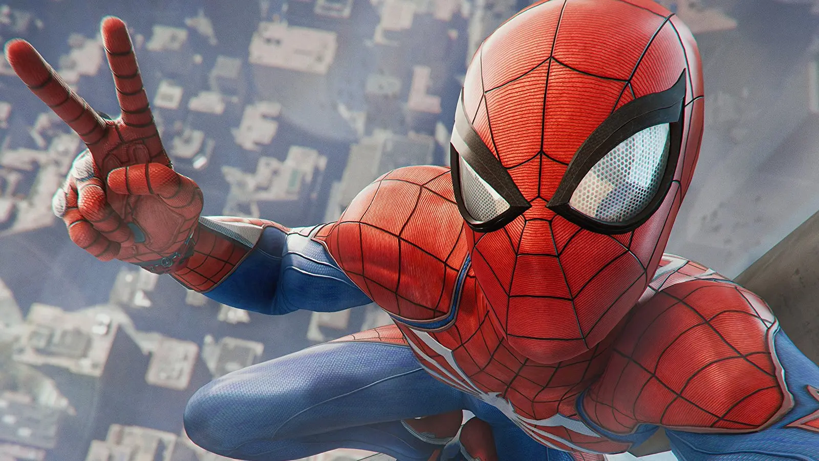 Spider-Man gives the peace sign from atop the Empire State Building.