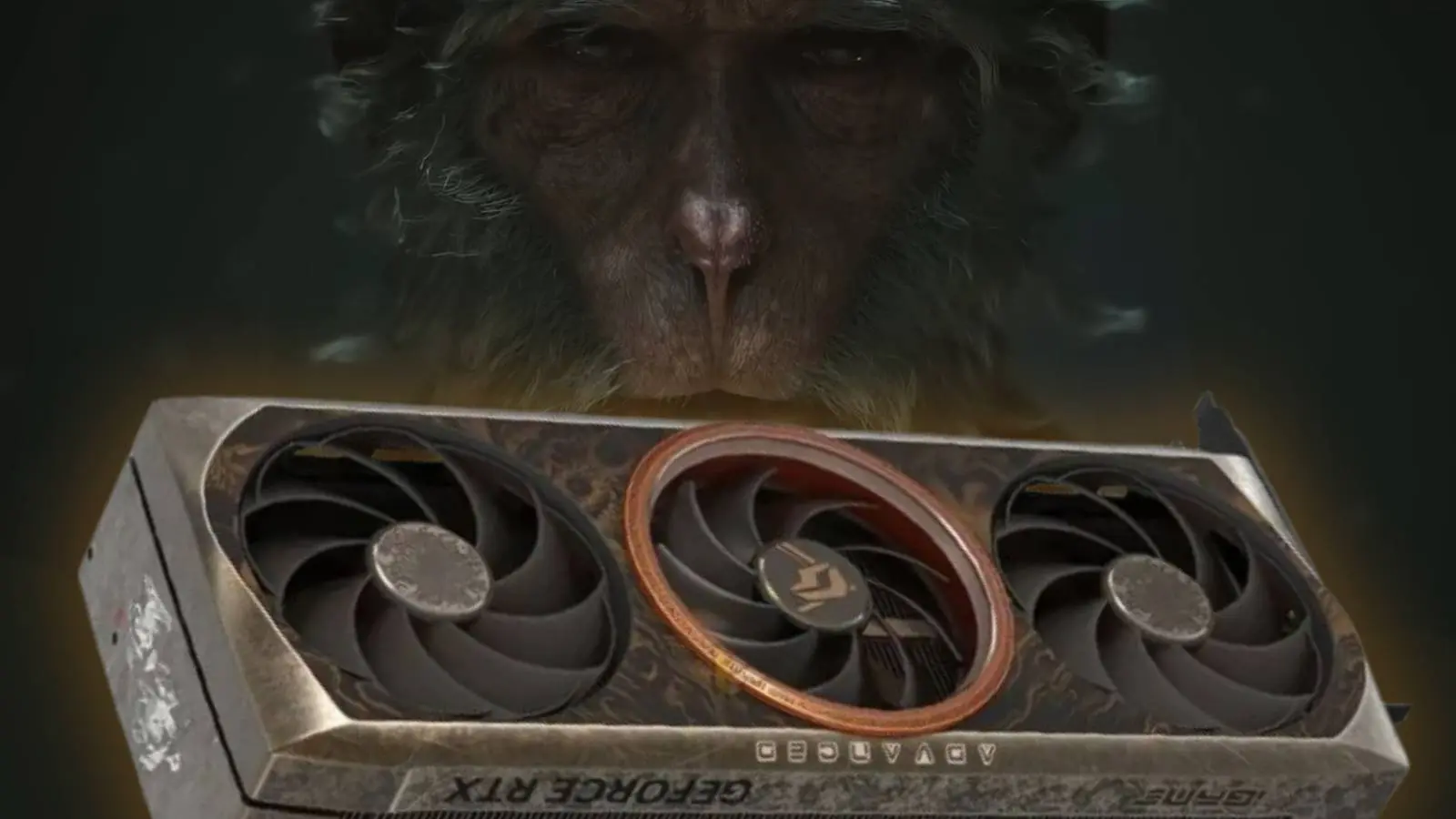 Screenshot from a Black Myth Wukong game trailer, with an image of the Colorful RTX 4080 Super Wukong Edition graphics card.