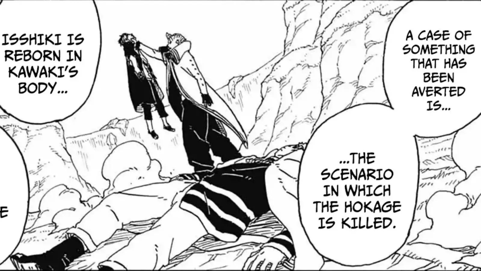 Naruto lying dead and Kawaki captured by Isshiki in Boruto manga