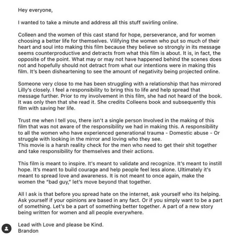 Brandon Sklenar's statement on Instagram about It Ends With Us