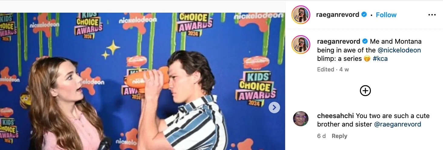 An Instagram post of Raegan Revord and Montana Jordan at the 2024 Kids Choice Awards