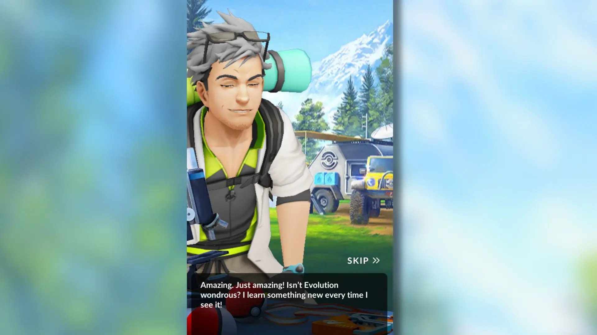 Pokemon Go Professor Willow screenshot with mountain background.