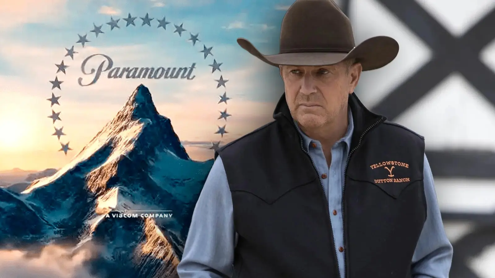 The Paramount logo and Kevin Costner in Yellowstone