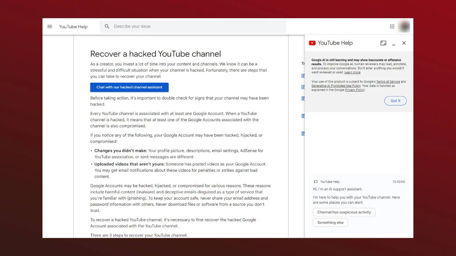 Screenshot of the YouTube AI support assistant.