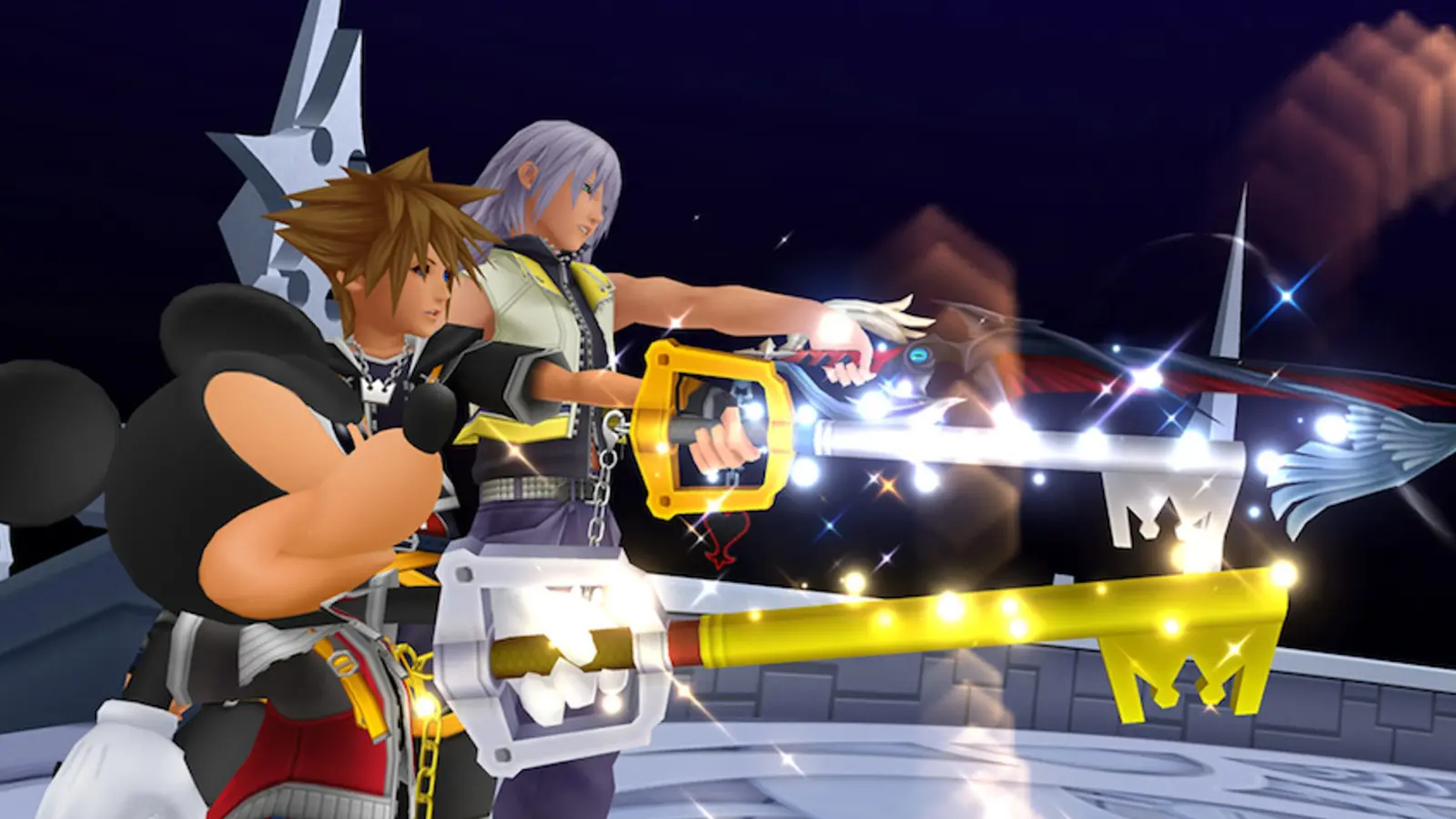 Warriors wielding key blades in Kingdom Hearts