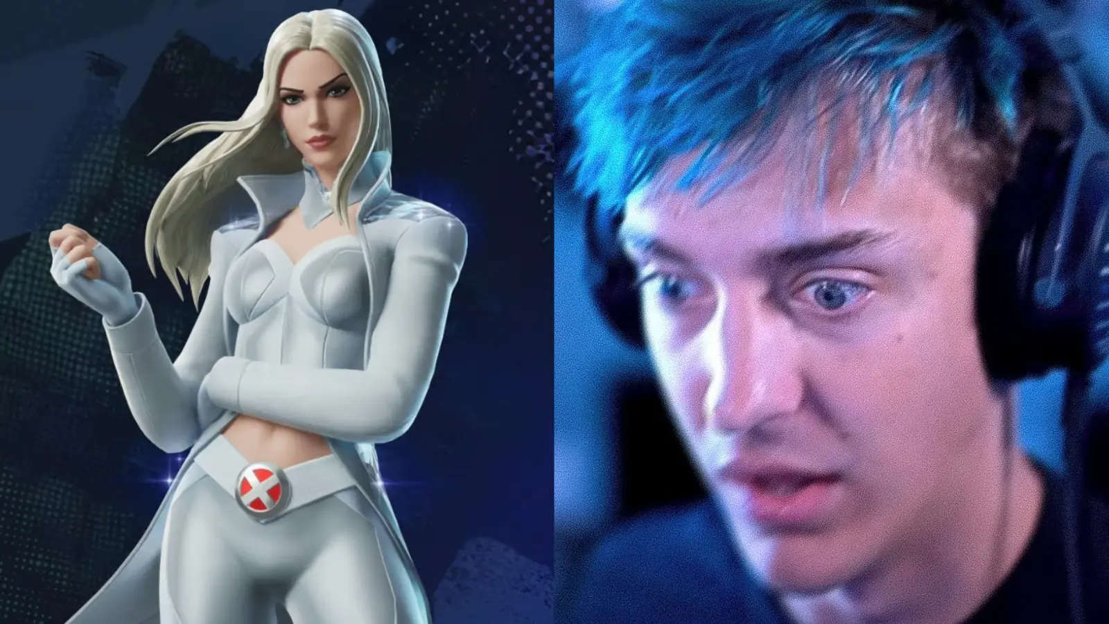 A screenshot featuring Fortnite skin Emma Frost and Ninja.