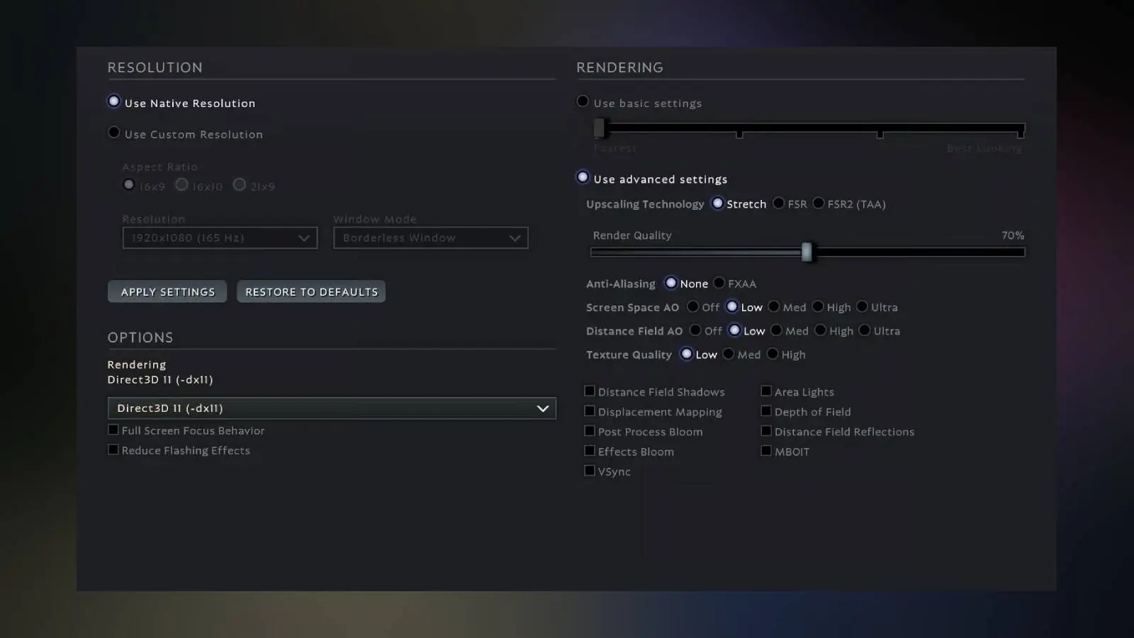 Screenshot of the Deadlock video settings.