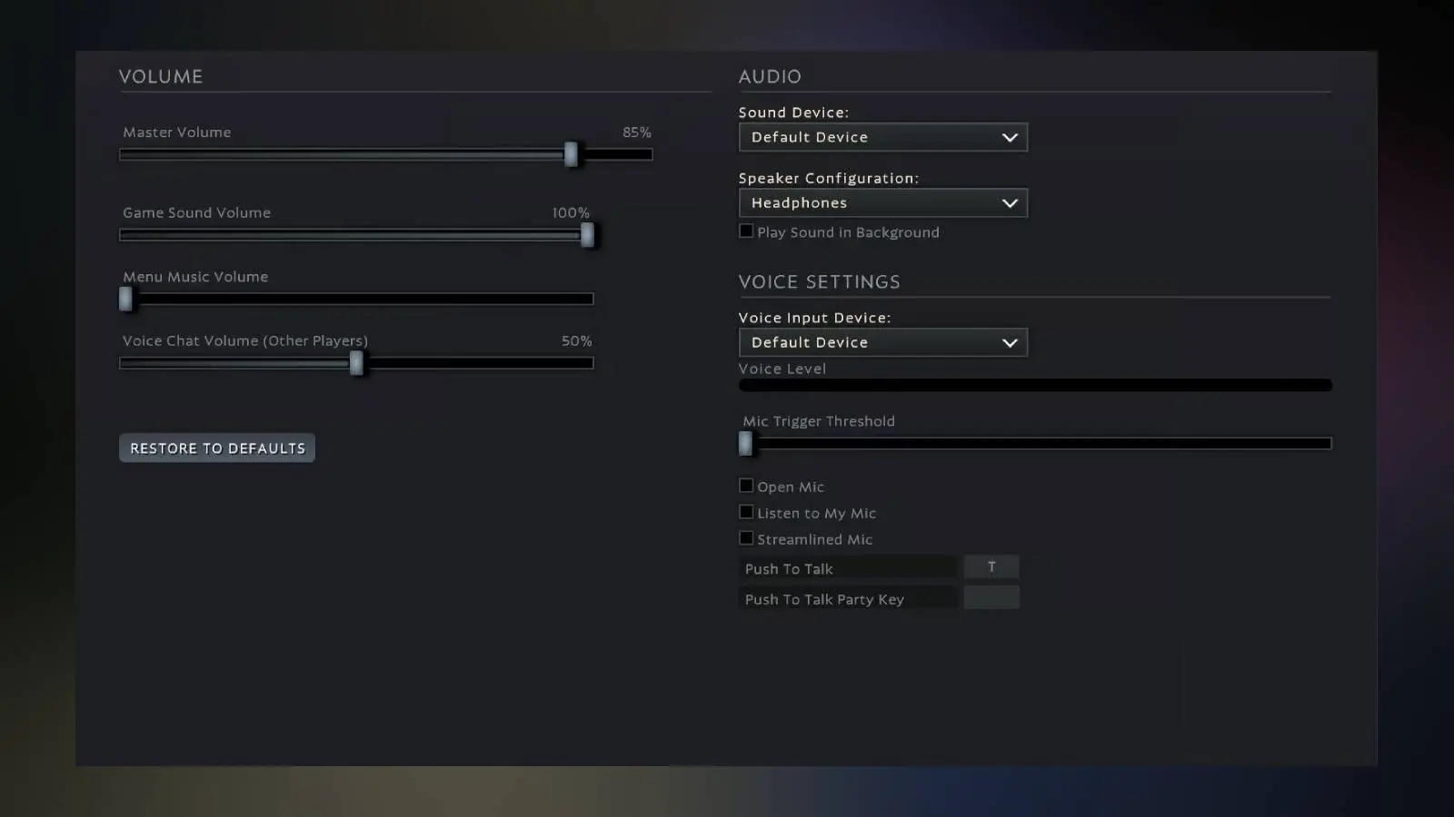 Screenshot of the Deadlock audio settings.