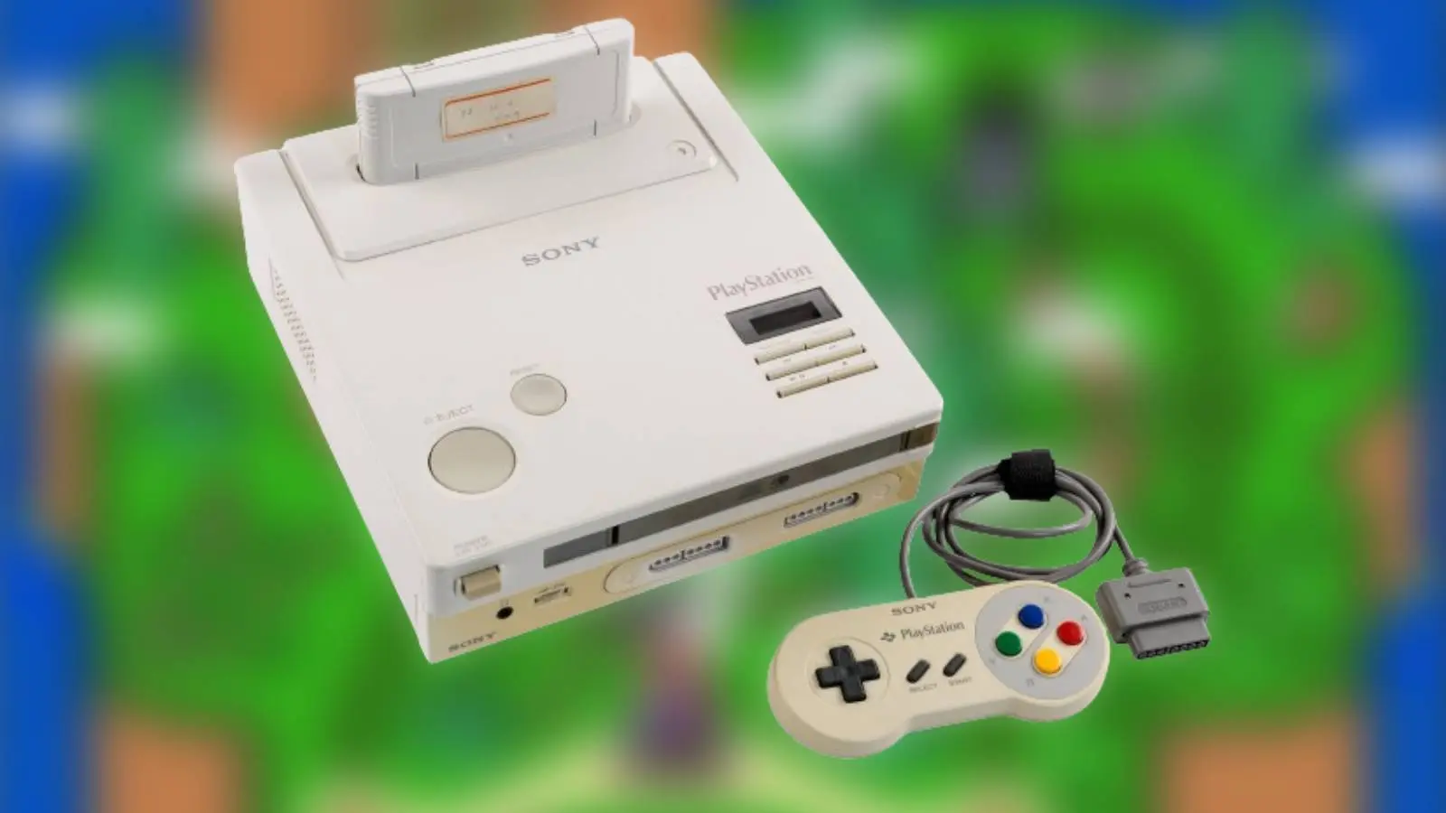 Blurred background of an official screenshot from Super Mario World, with an image of the Nintendo PlayStation console by Heritage Auctions on top.