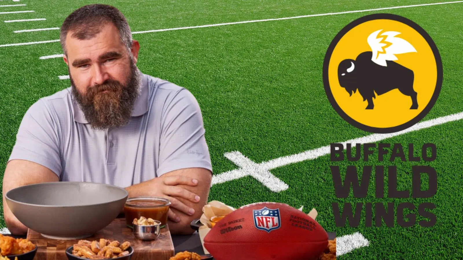 jason kelce with the buffalo wild wings logo.