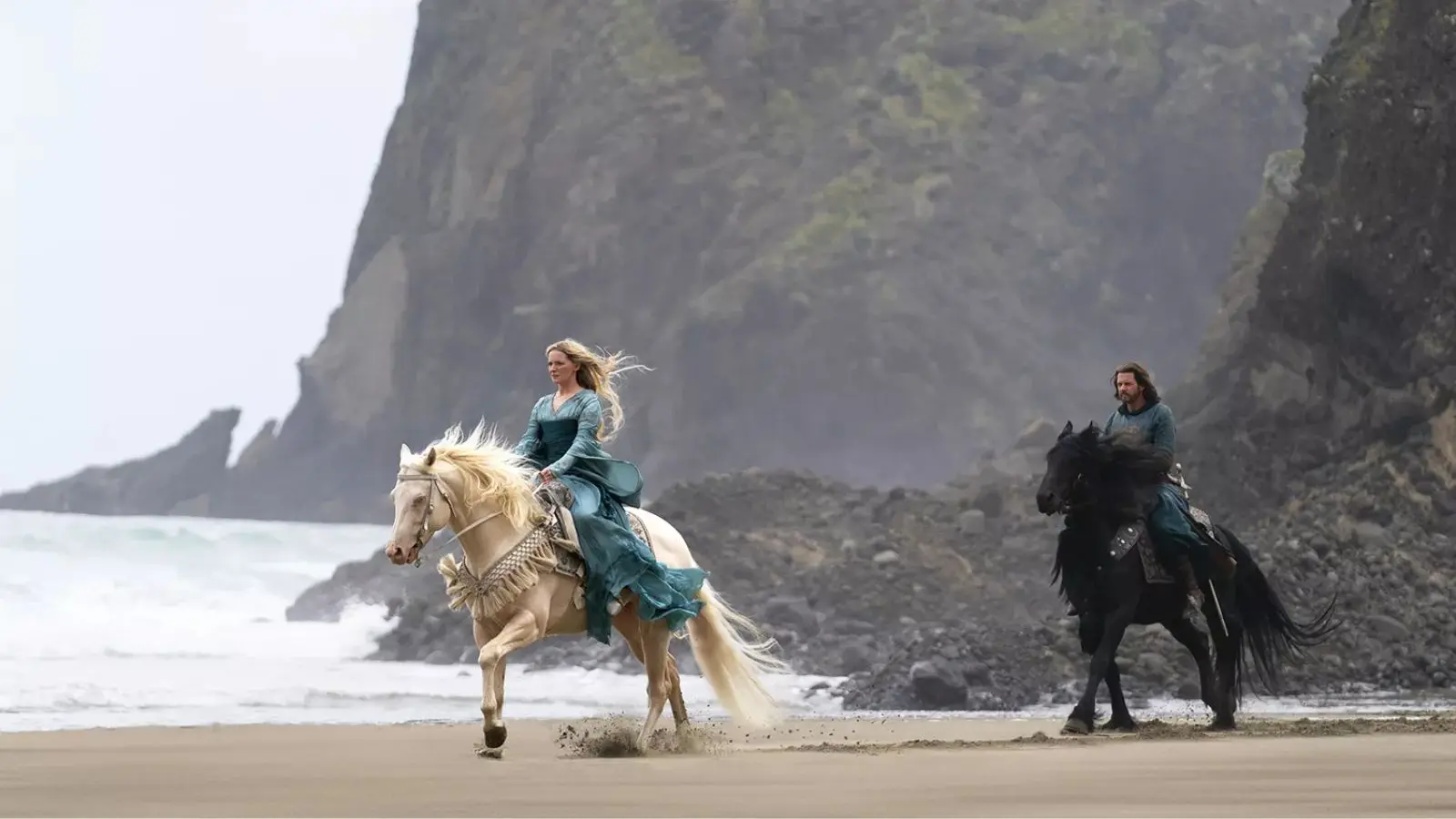 Galadriel and Halbrand on the beach.