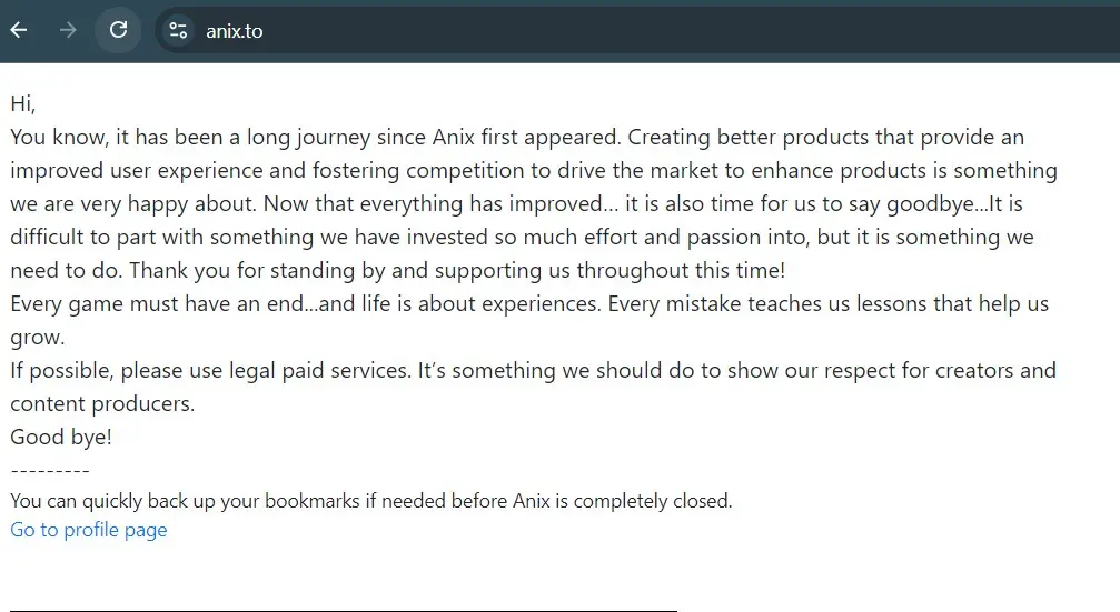 The closure message on Anix.to site