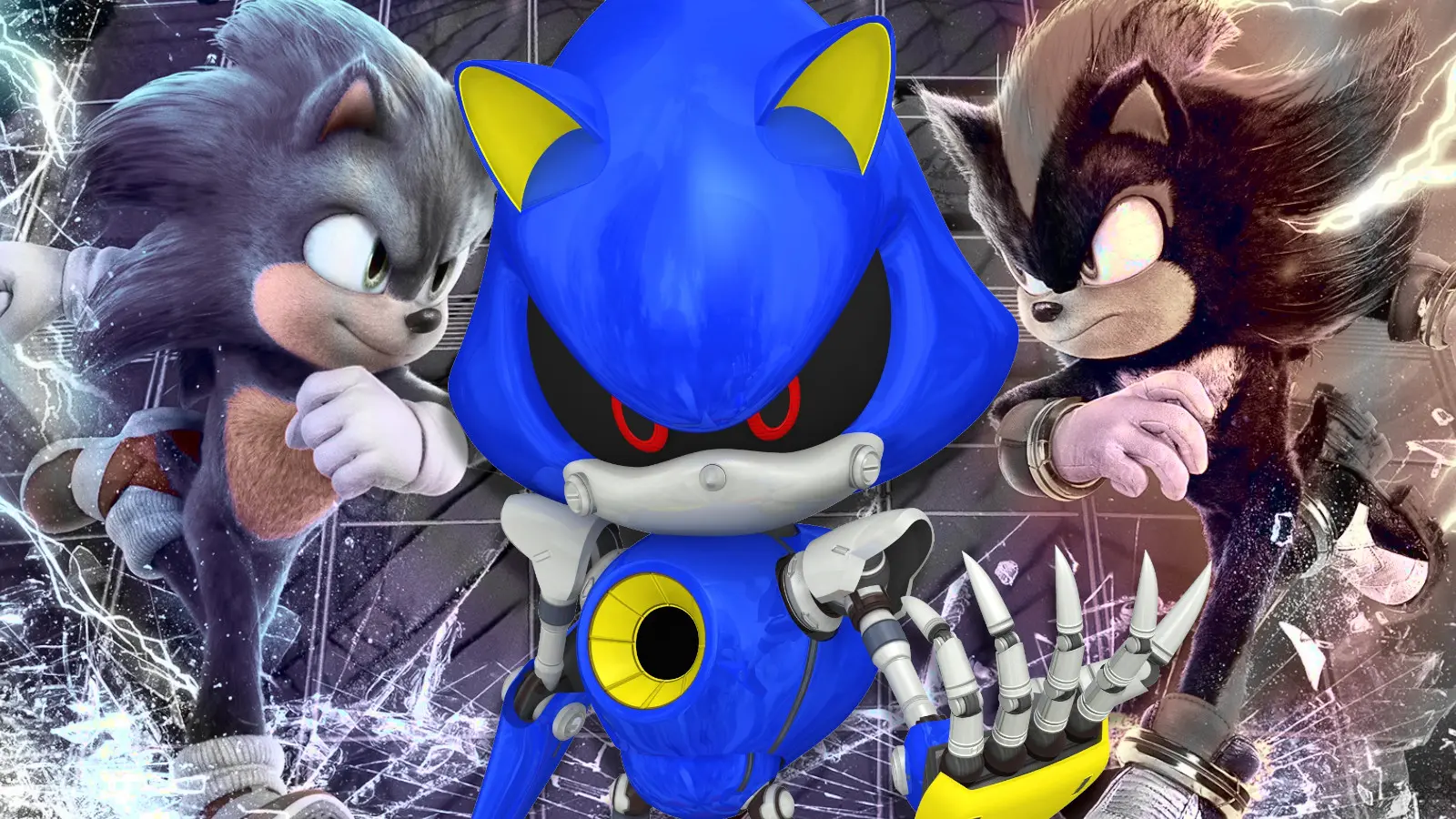 Metal Sonic in front of the Sonic the Hedgehog 3 poster