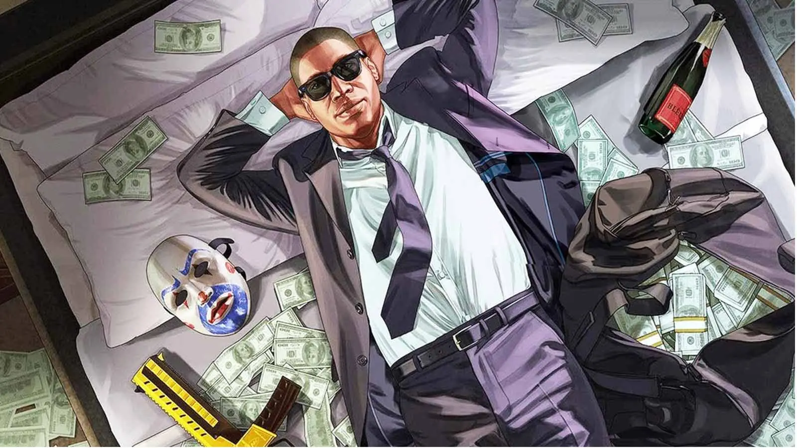 A GTA 5 character laying on a bed with money in a bag, and a bottle of champagne.