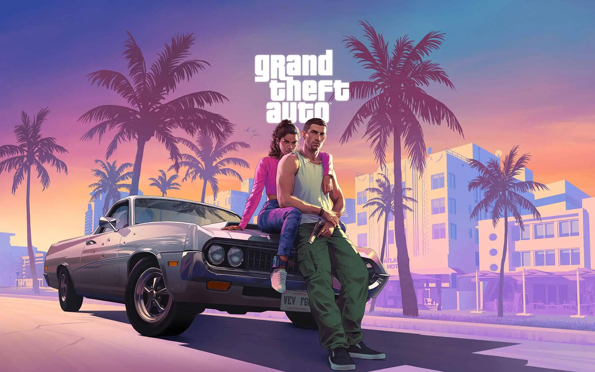 GTA 6 characters sitting on the hood of a car with palm trees and the game's logo.