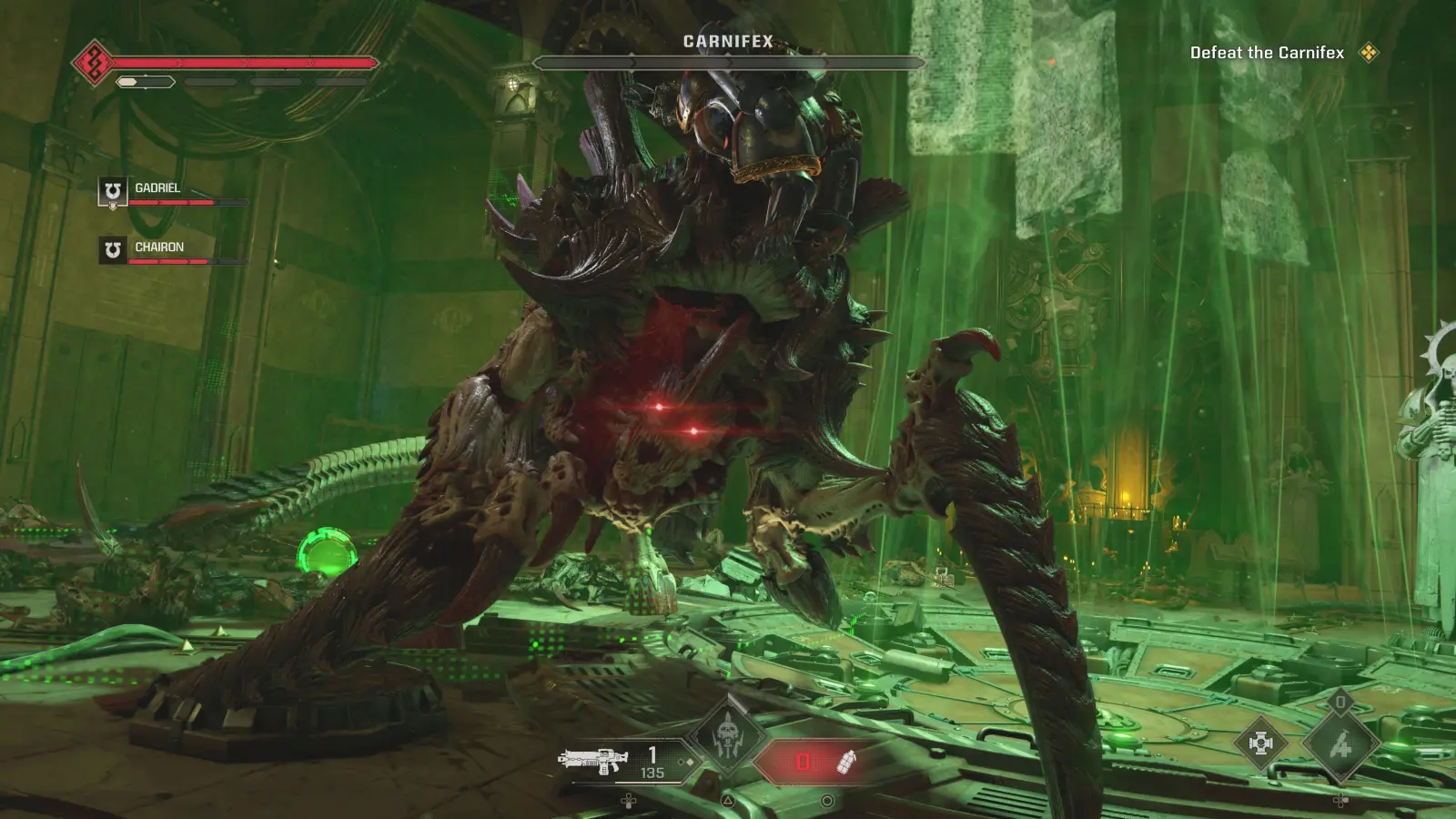 An image of Space Marine 2 gameplay featuring the Carnifex enemy.