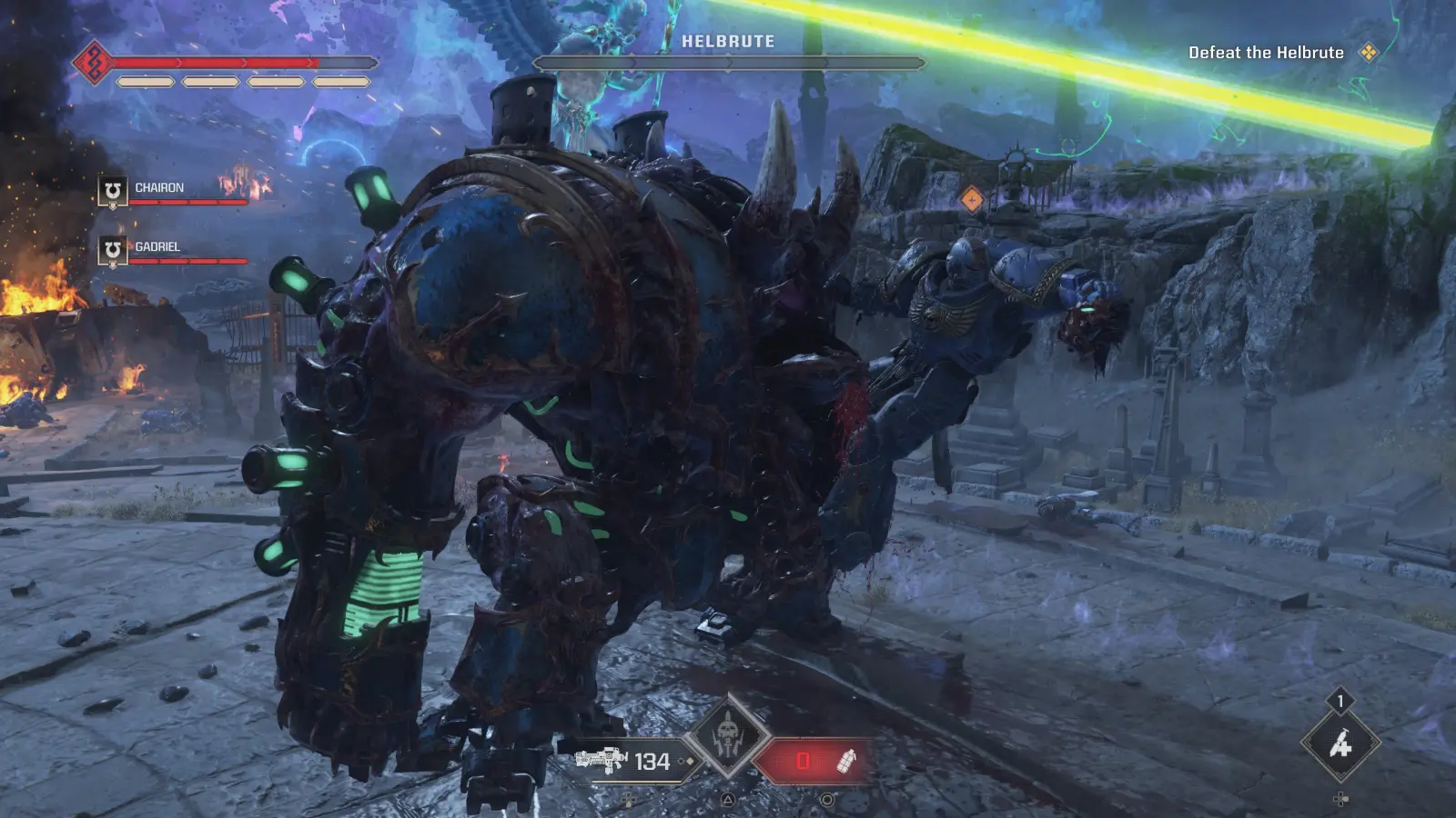 An image of Space Marine 2 gameplay featuring a Hellbrute enemy.