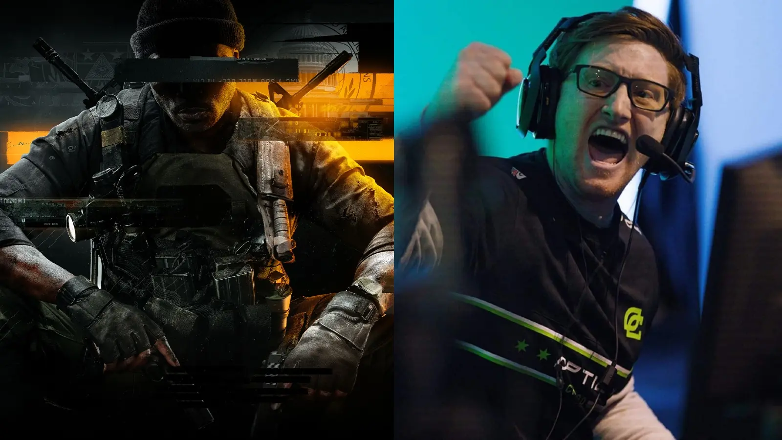 image of Black Ops 6 cover next to photo of Scump celebrating at CDL event