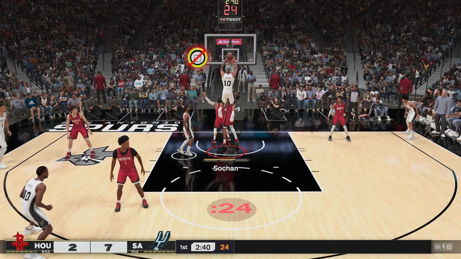 A screenshot of players attempting an alley-oop pass in NBA 2K25.