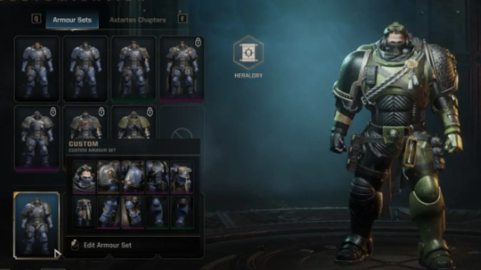 A screenshot featuring Armour Sets in Space Marine 2.