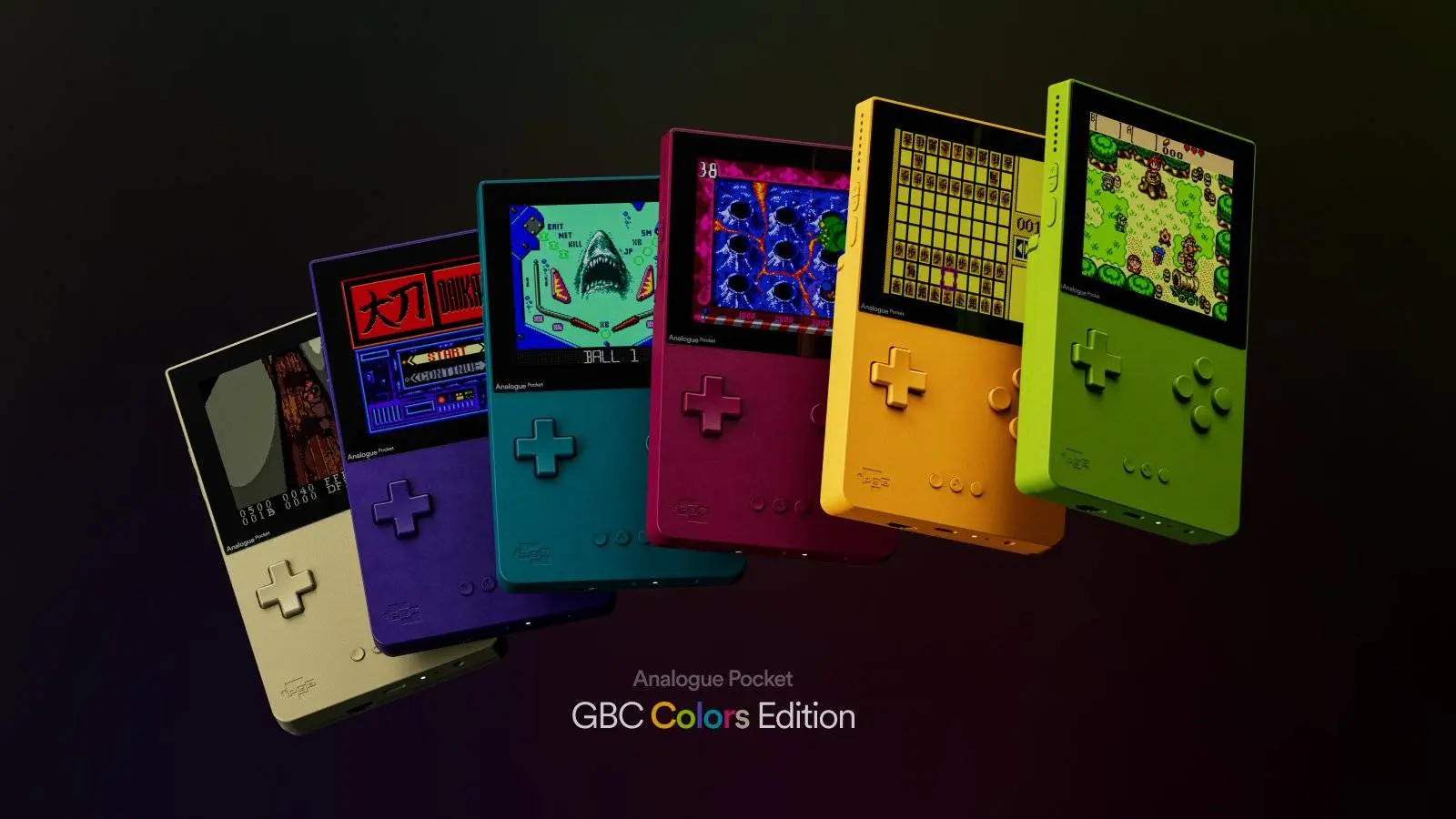 Promo image of the Game Boy Color inspired Analogue Pockets.