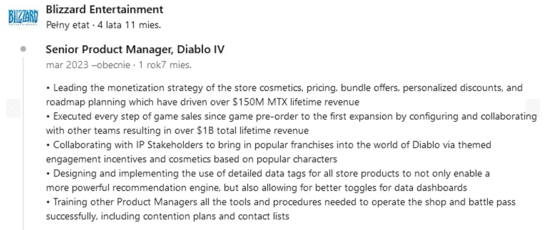 The LinkedIn post detailing Diablo 4's income