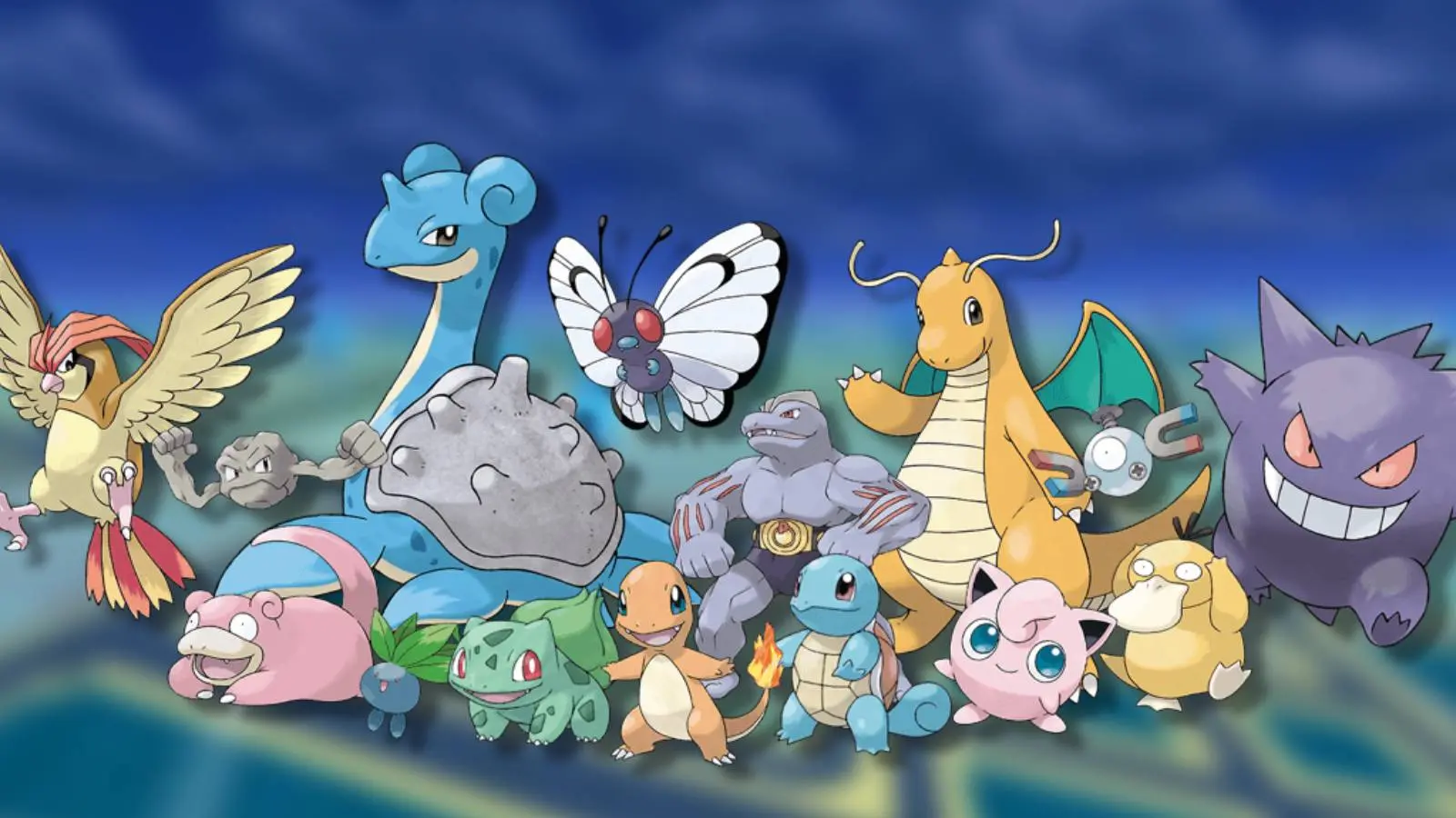 Many Kanto Pokemon are shown in a line