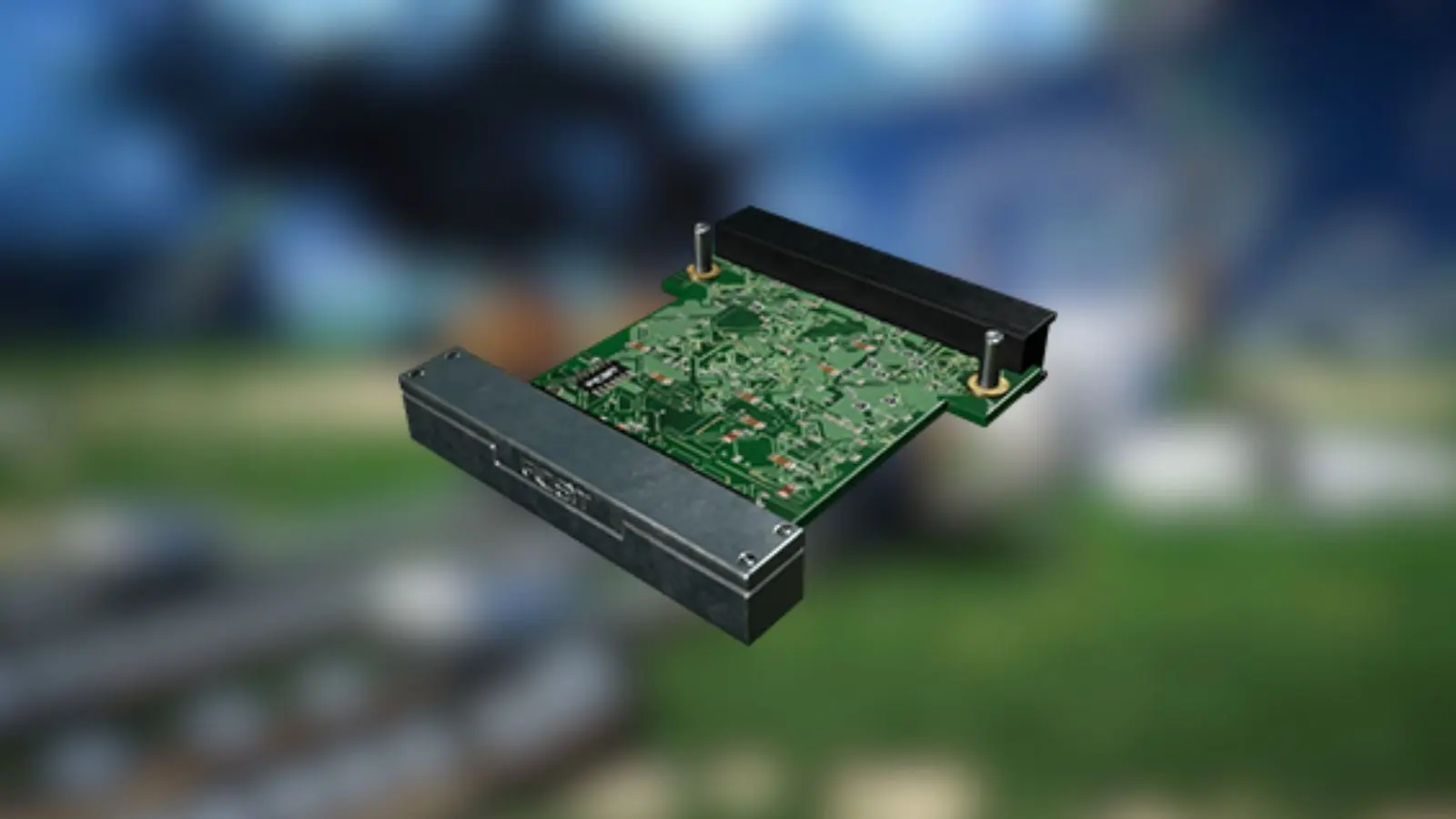 A custom image of the high-speed connector in Satisfactory with a blurred backgroud.