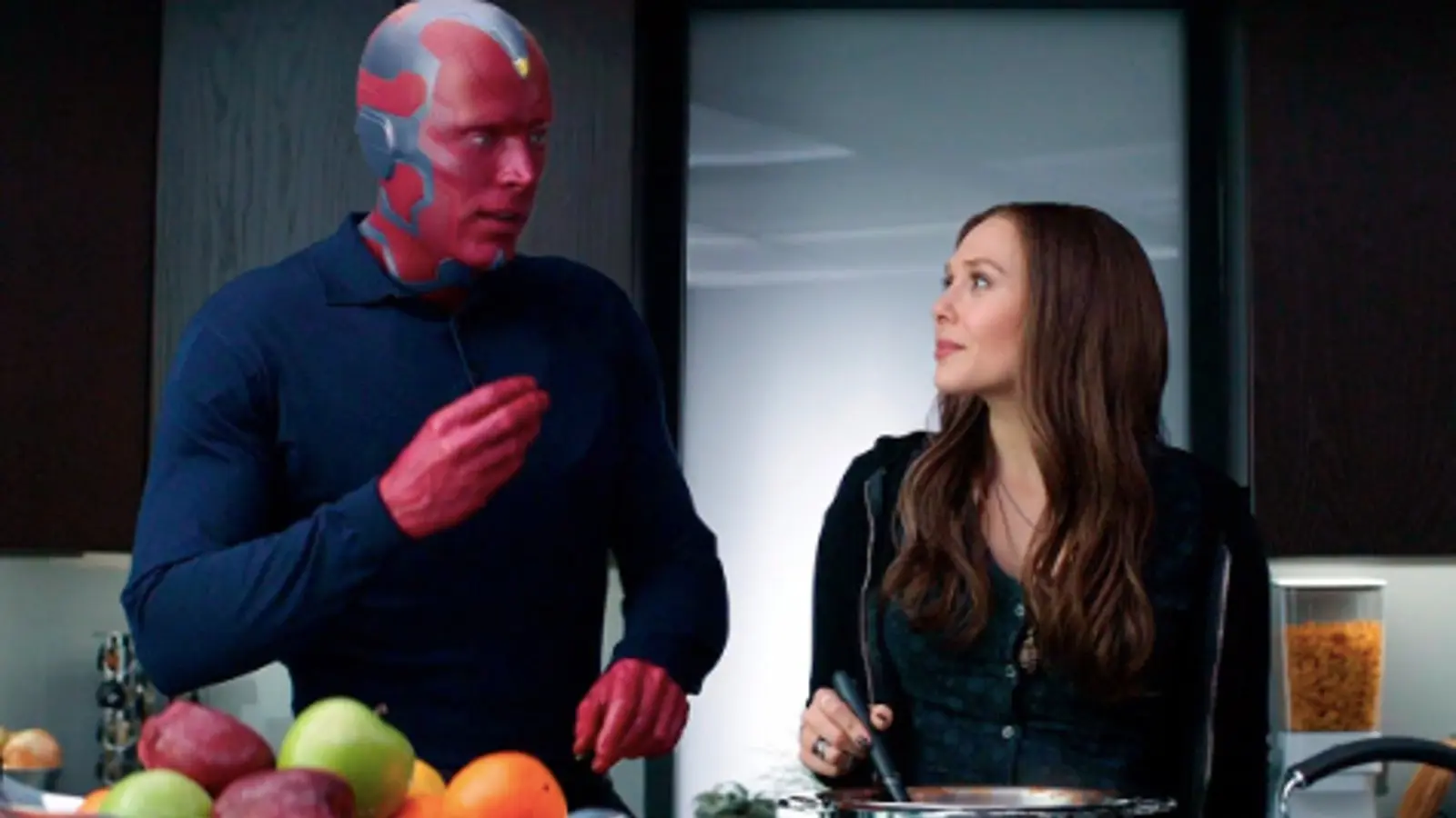 Paul Bettany and Elizabeth Olsen in Captain America: Civil War