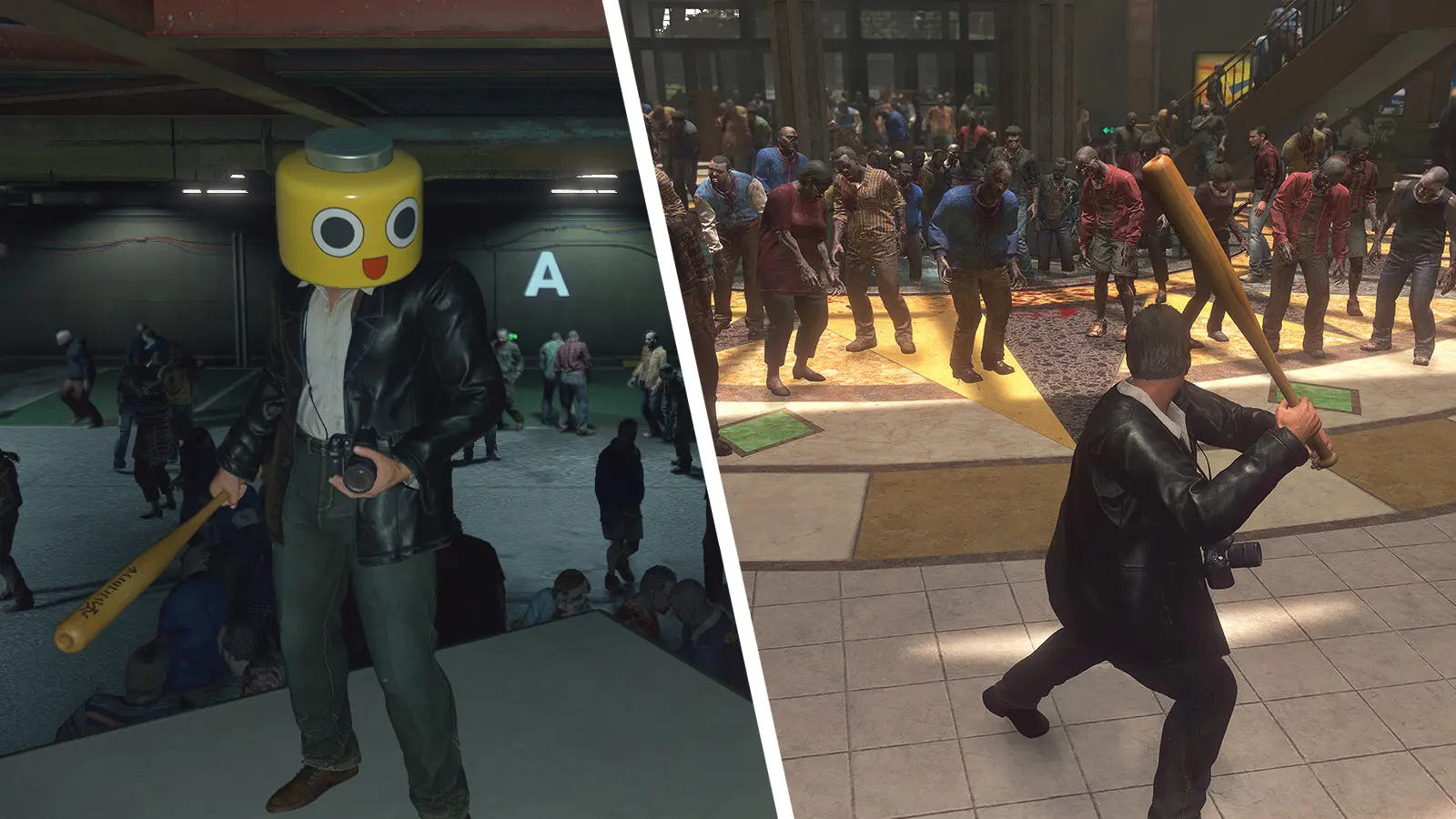 Split image for Dead Rising Deluxe Remaster featuring zombies