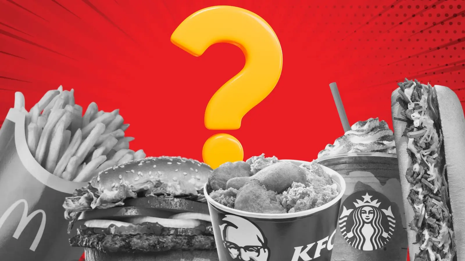 fast food items in black and white with a question mark.