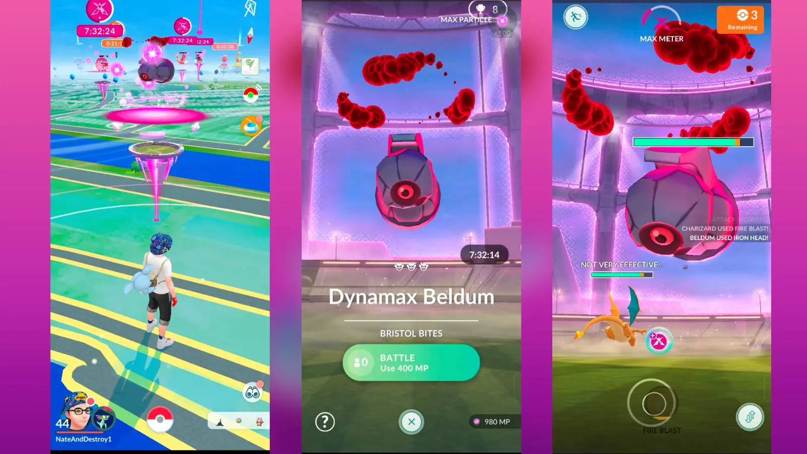 Screenshots from Pokemon Go show a Beldum Dynamax Raid