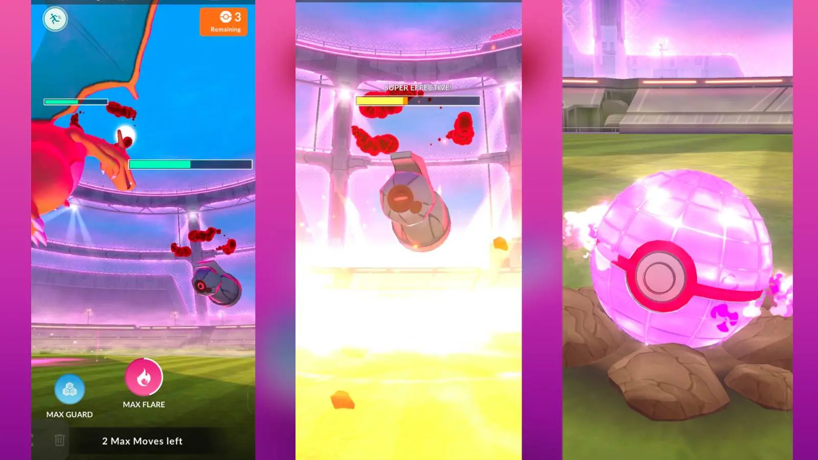 Screenshots from Pokemon Go show a Dynamax battle with Beldum