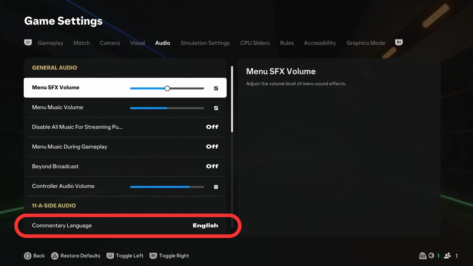 Box highlighting commentator language in EA FC 25 settings