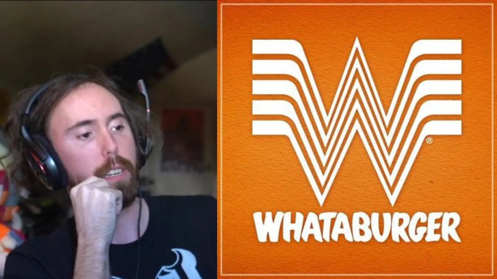 Asmongold looking at the WhatABurger logo