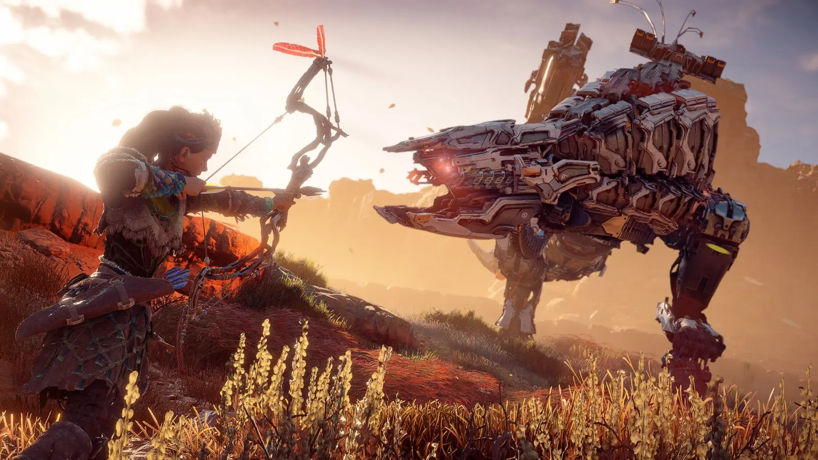 Aloy fighting a Thunderjaw in Horizon Zero Dawn