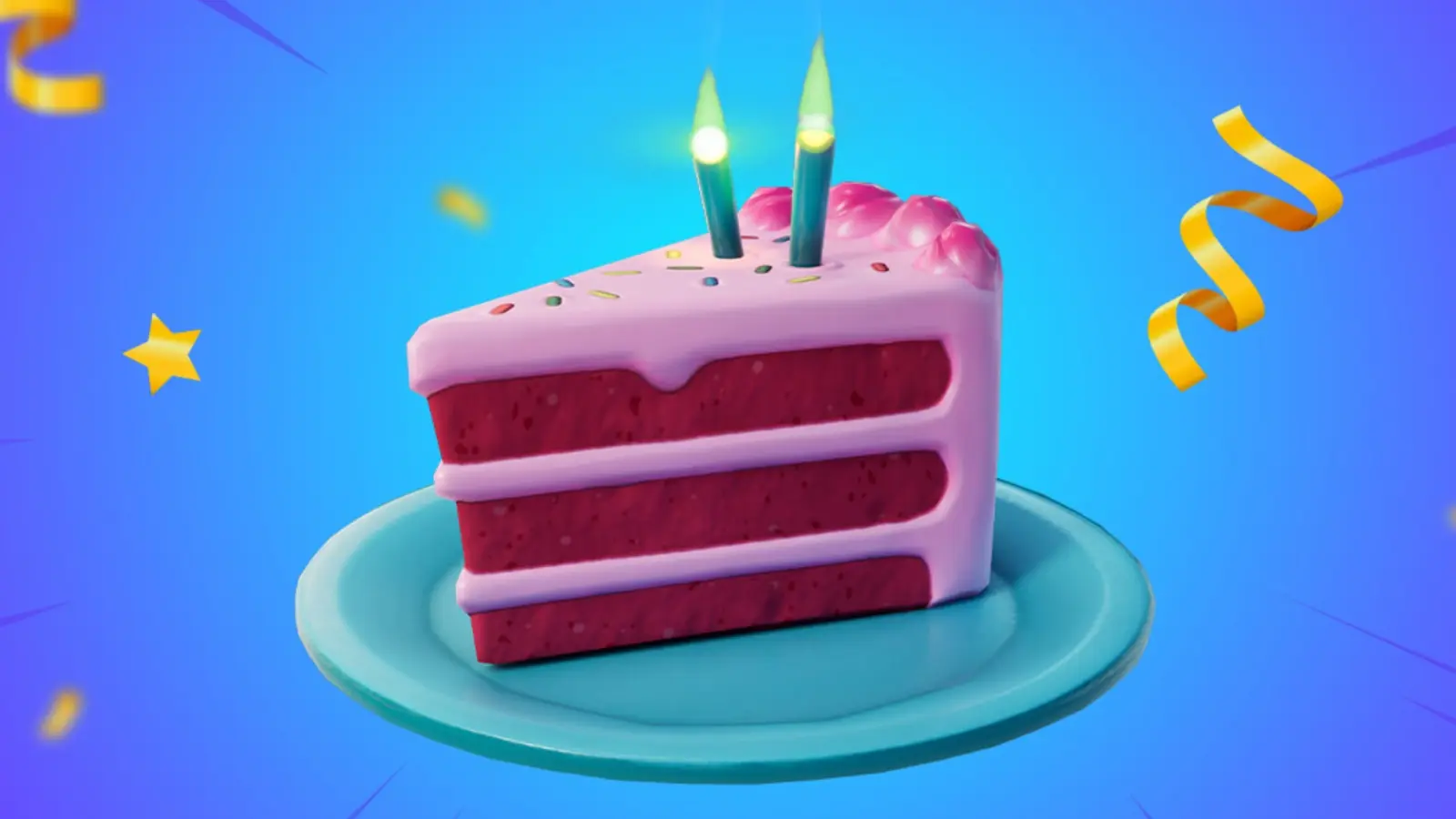 A screenshot featuring a cake slice in Fortnite.