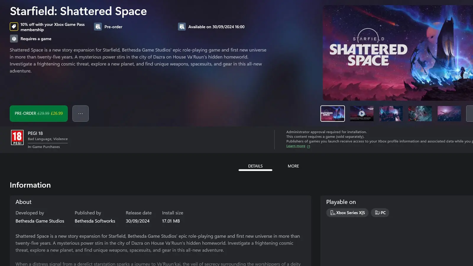 starfield shattered space xbox store page showing release time