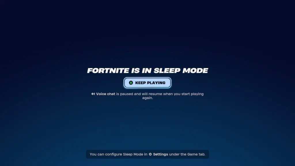 A screenshot featuring the Sleep Mode feature in Fortnite.