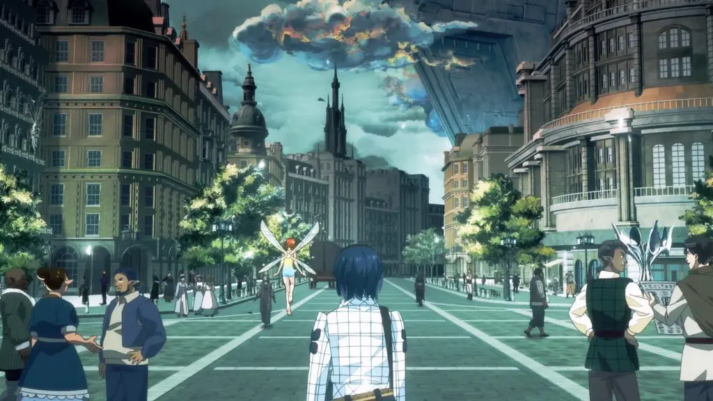 Anime boy walking down a bustling city street