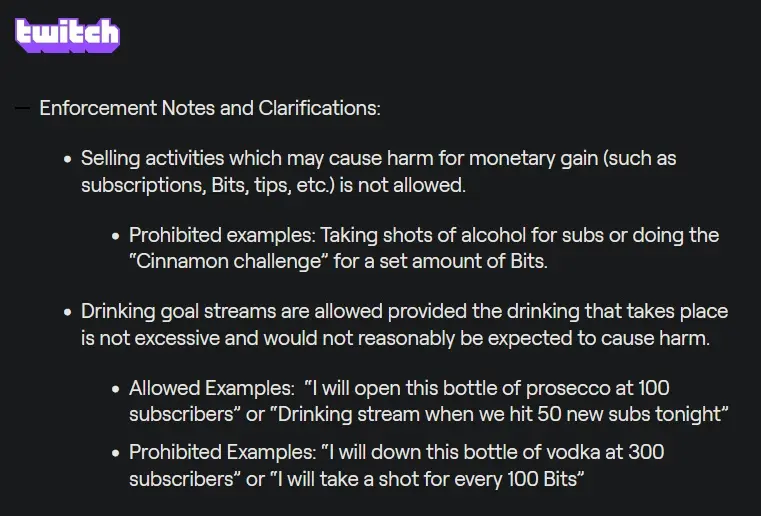 Twitch drinking policies