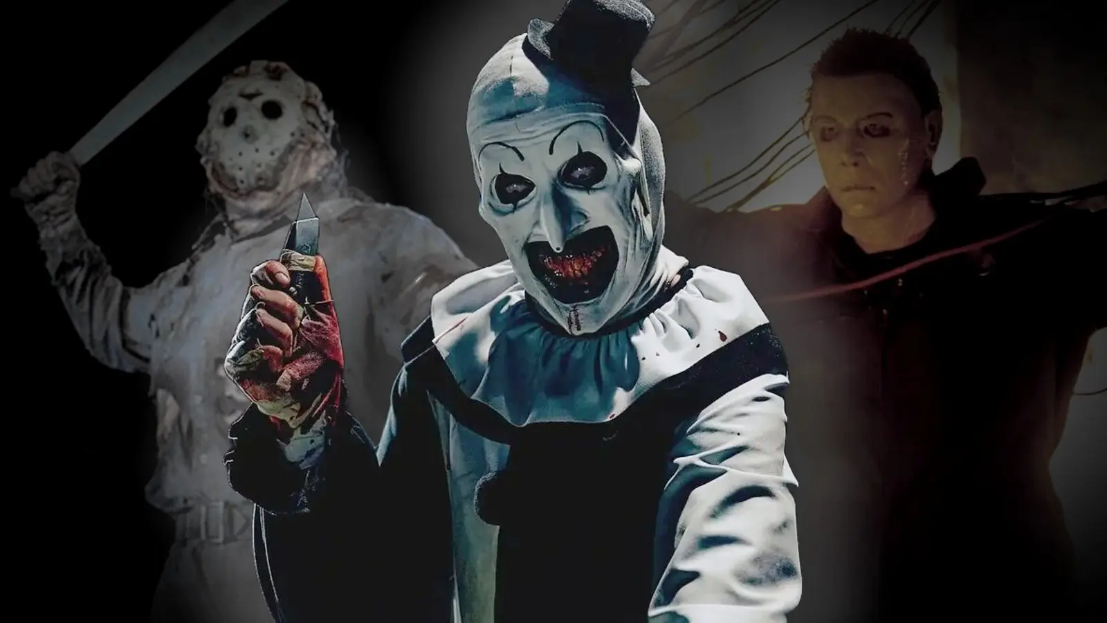 Art the Clown in Terrifier 3, with images of Jason and Michael Myers