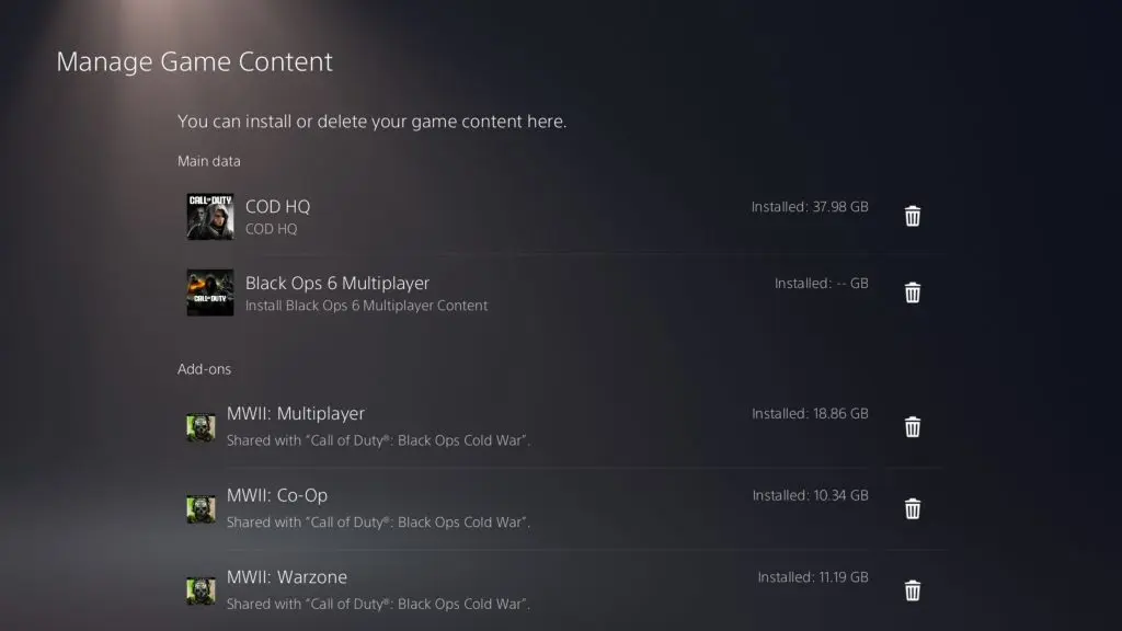 Call of Duty app content page on PS5