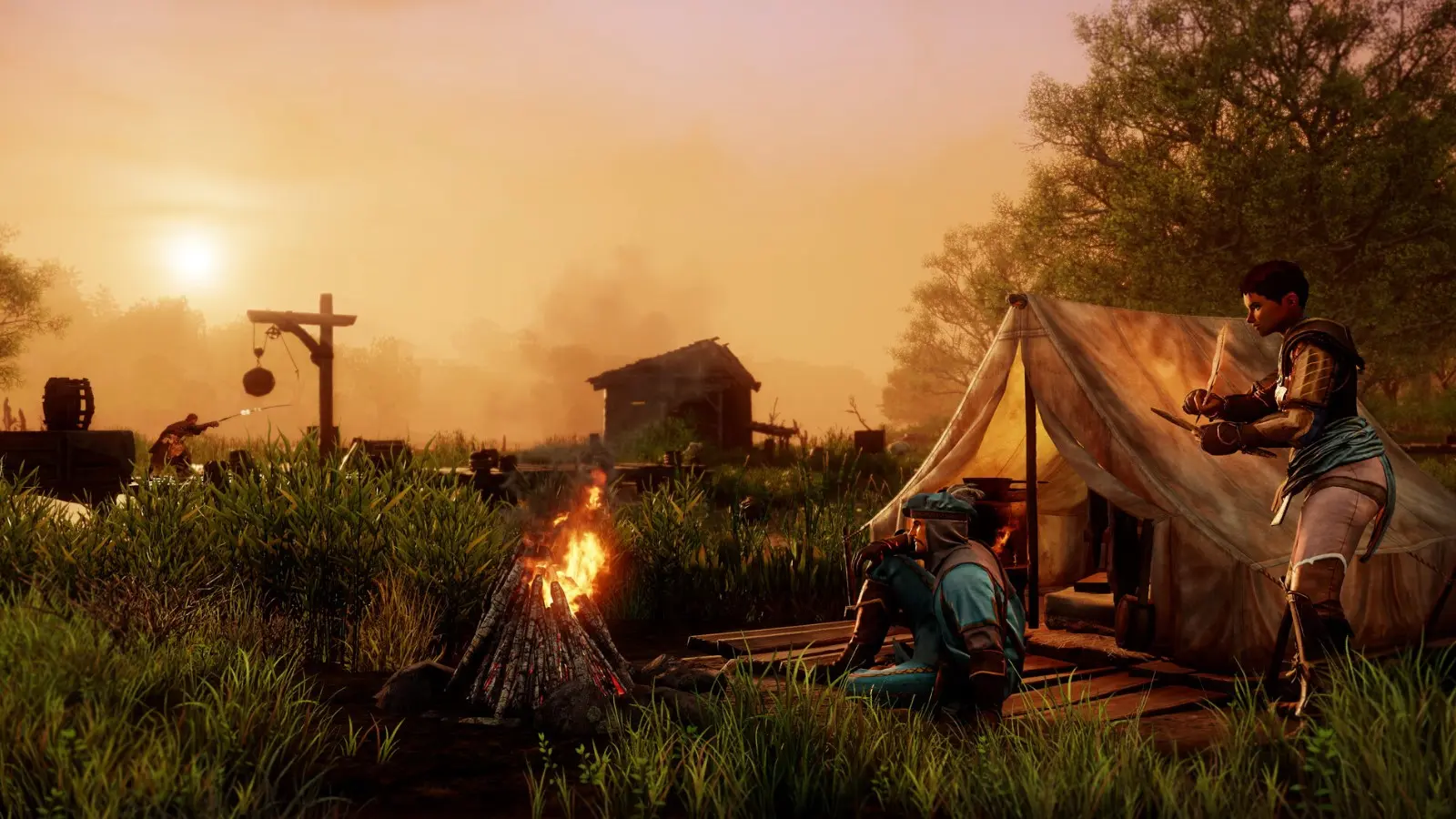 Players camp by a fire in New World: Aeternum