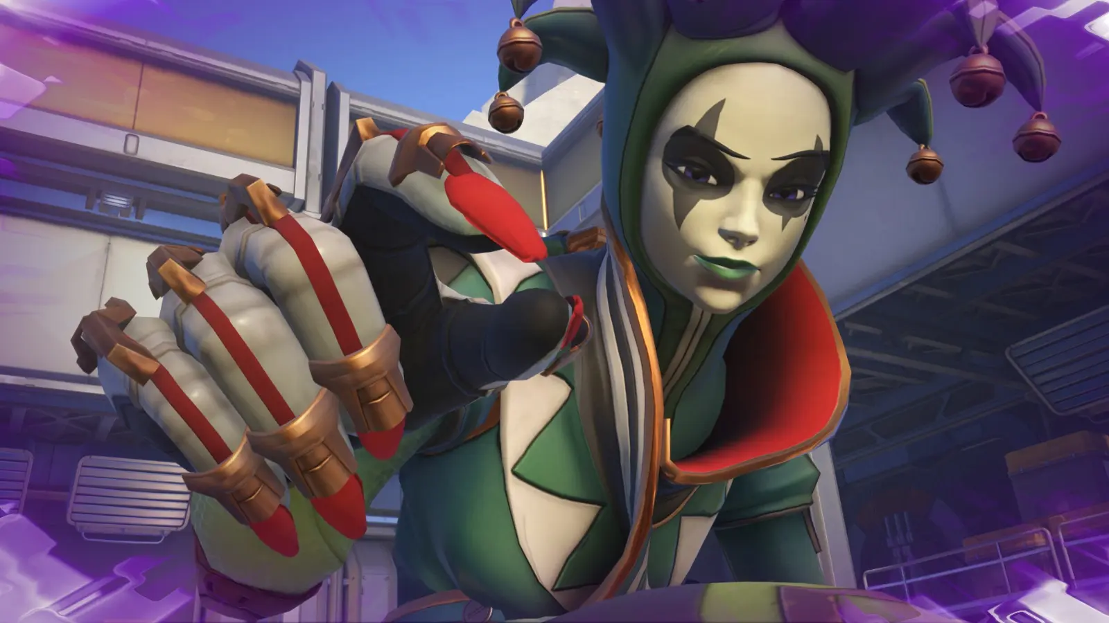 A screenshot featuring the Jester Sombra skin in Overwatch 2.