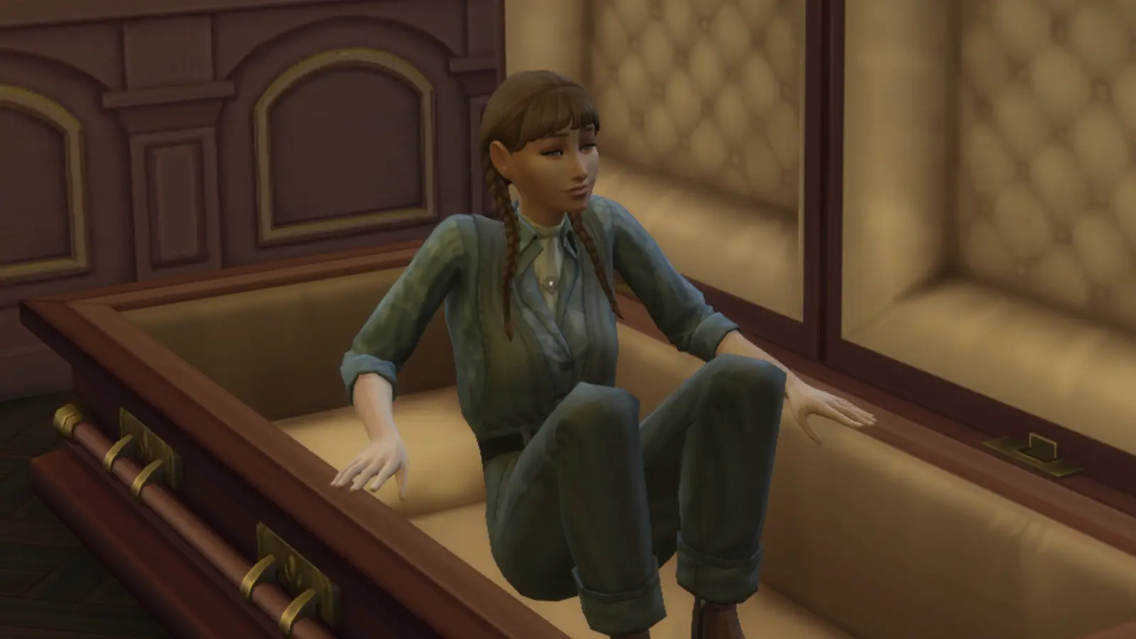 A screenshot featuring a Sim waking up in a coffin in The Sims 4 Life and Death expansion pack.